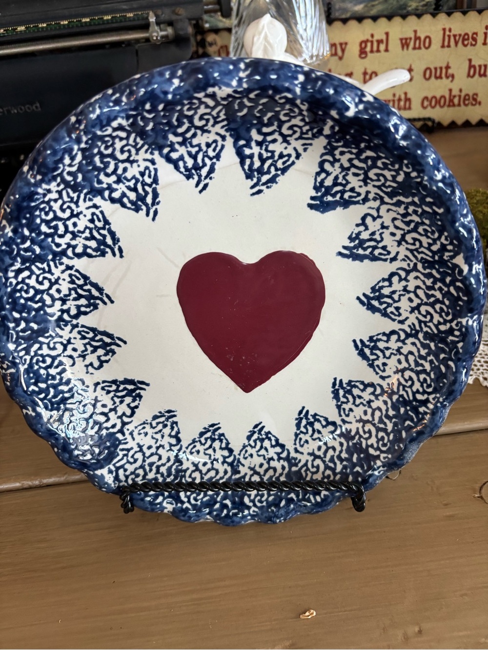 Handcrafted Blue and Red Heart Ceramic Plate - Home Art
